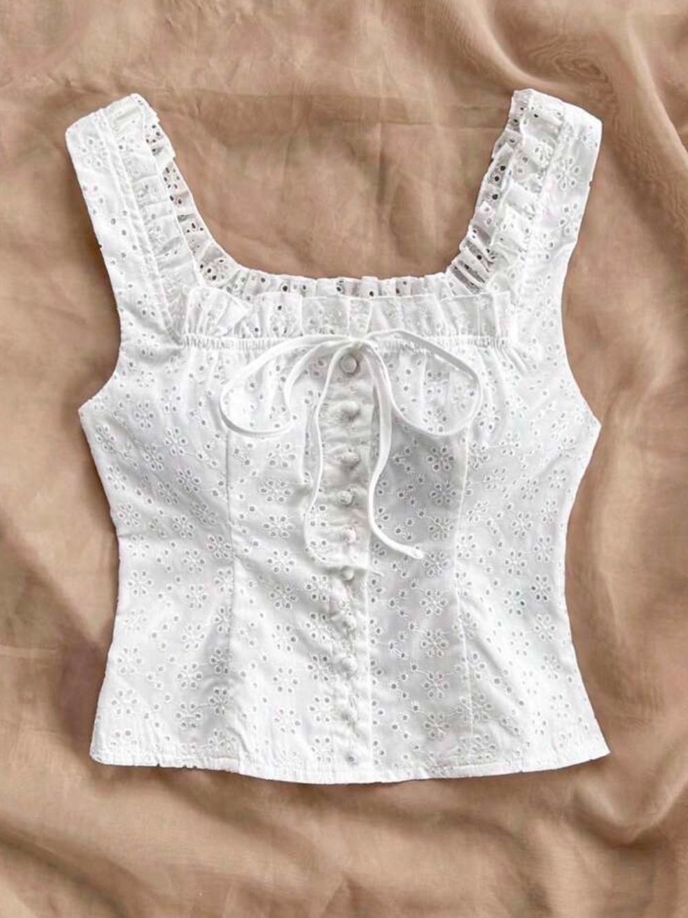White Eyelet Tie-Front Tank Top